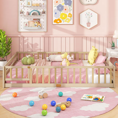 Queen Size Floor Bed Kids Montessori Bed Frame with Full Length Safety Guardrails-Dark Green