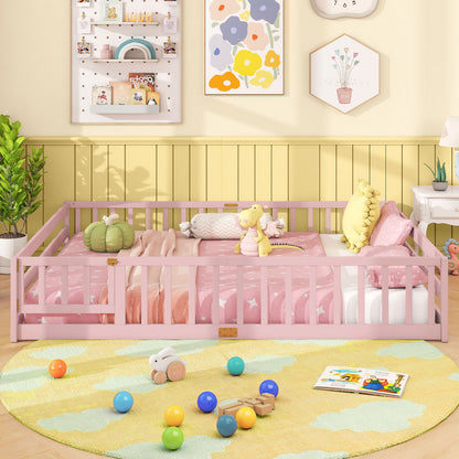 Queen Size Floor Bed Kids Montessori Bed Frame with Full Length Safety Guardrails-Dark Green