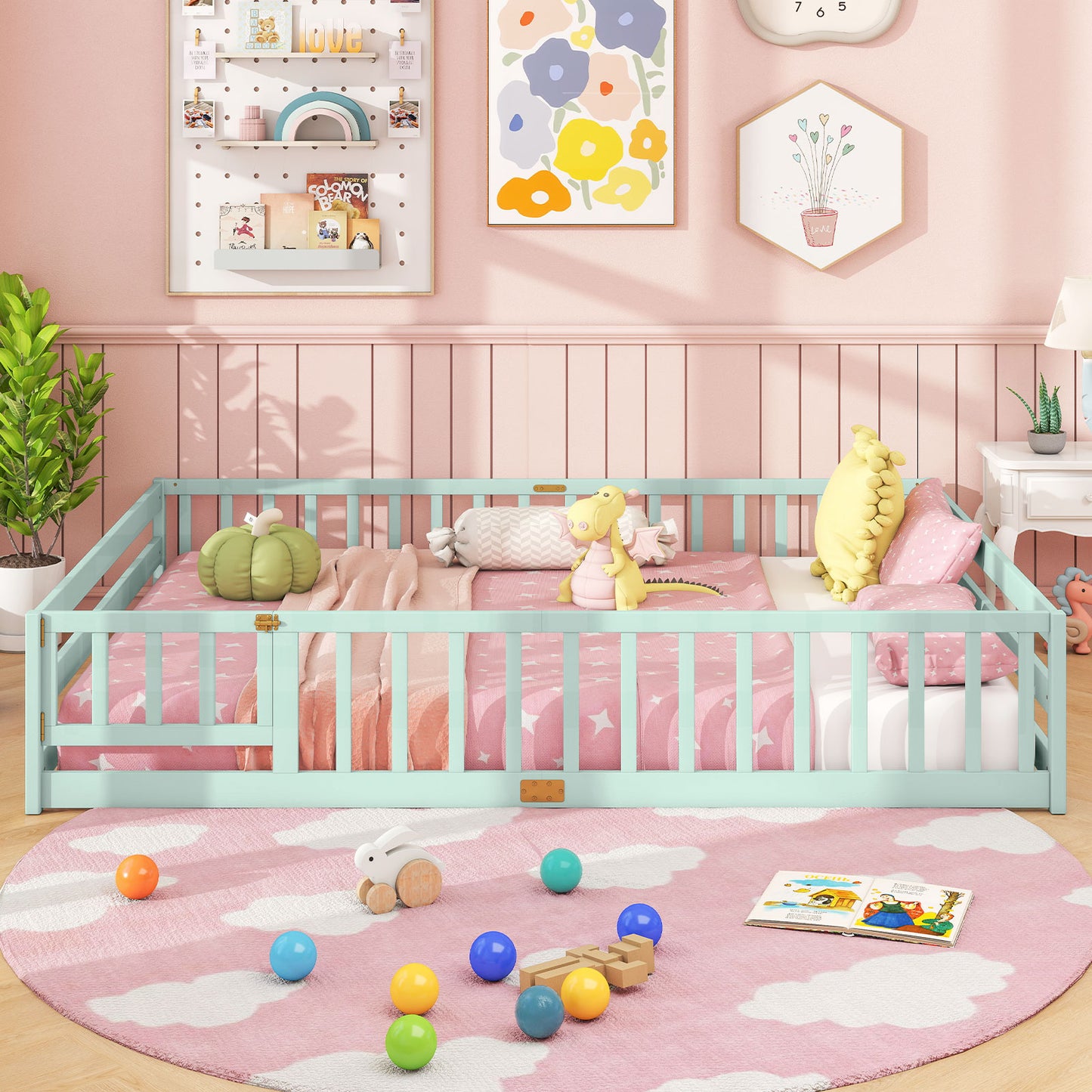 Queen Size Floor Bed Kids Montessori Bed Frame with Full Length Safety Guardrails-Dark Green