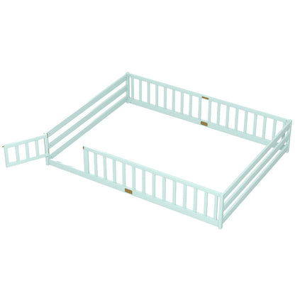 Queen Size Floor Bed Kids Montessori Bed Frame with Full Length Safety Guardrails-Dark Green