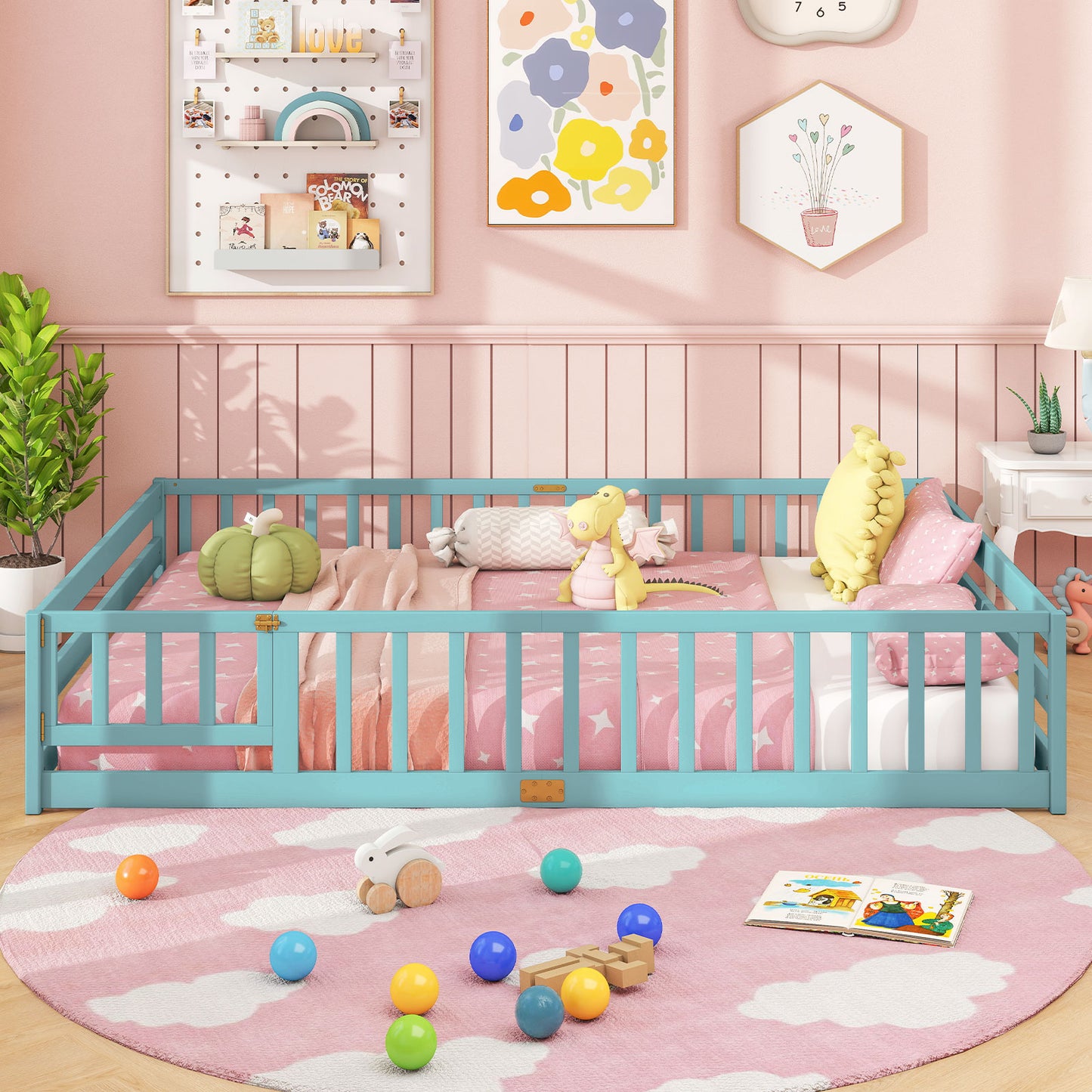 Queen Size Floor Bed Kids Montessori Bed Frame with Full Length Safety Guardrails-Dark Green