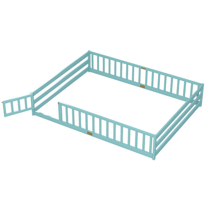 Queen Size Floor Bed Kids Montessori Bed Frame with Full Length Safety Guardrails-Dark Green