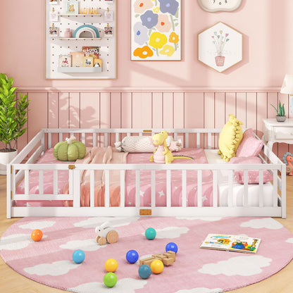 Queen Size Floor Bed Kids Montessori Bed Frame with Full Length Safety Guardrails-Dark Green