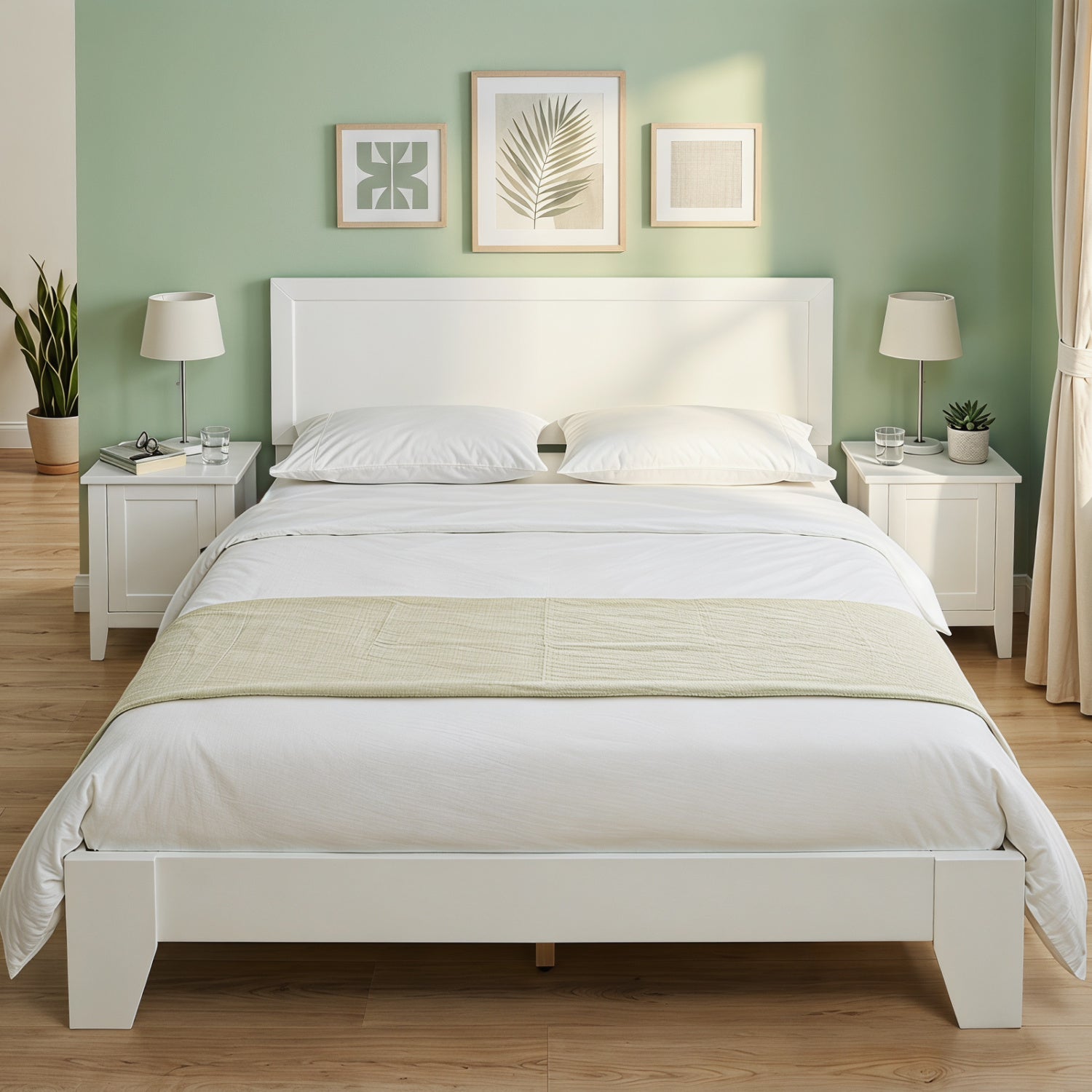 Queen size walnut bed frame with a modern headboard, featuring a sleek, simple design for bedroom furniture.