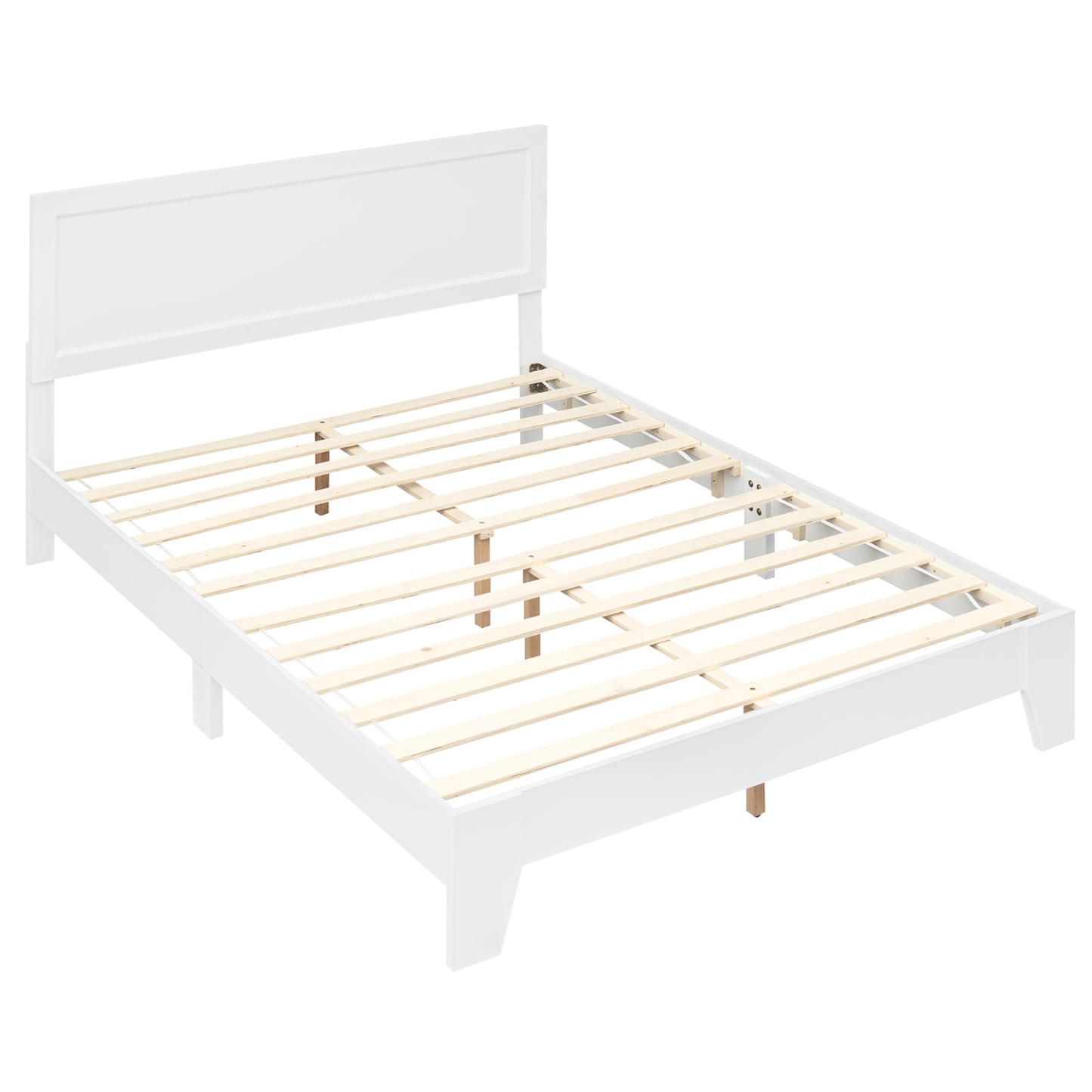 Queen size walnut bed frame with modern design and headboard, featuring clean lines and sturdy construction.