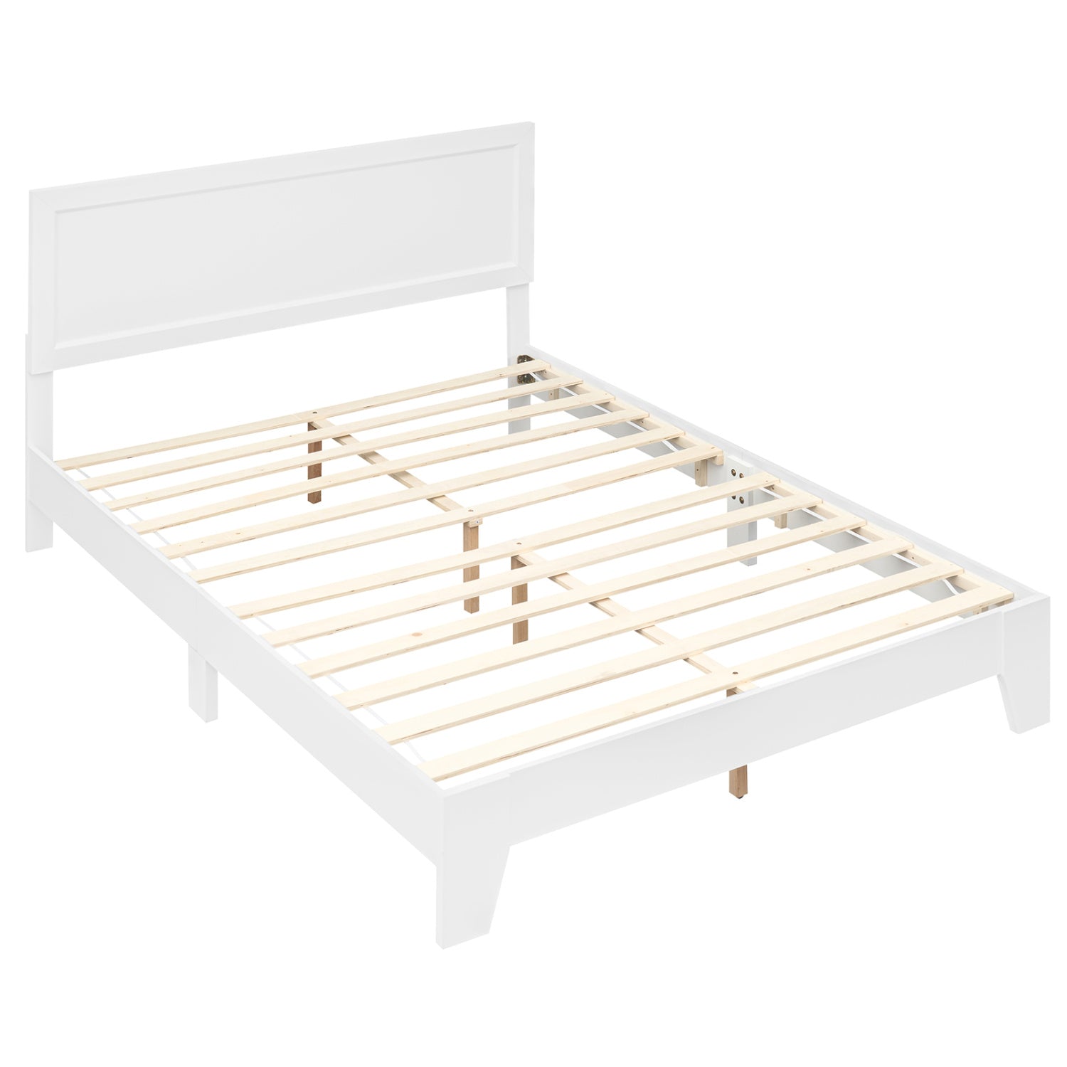 Queen size walnut bed frame with modern design and headboard, featuring clean lines and sturdy construction.