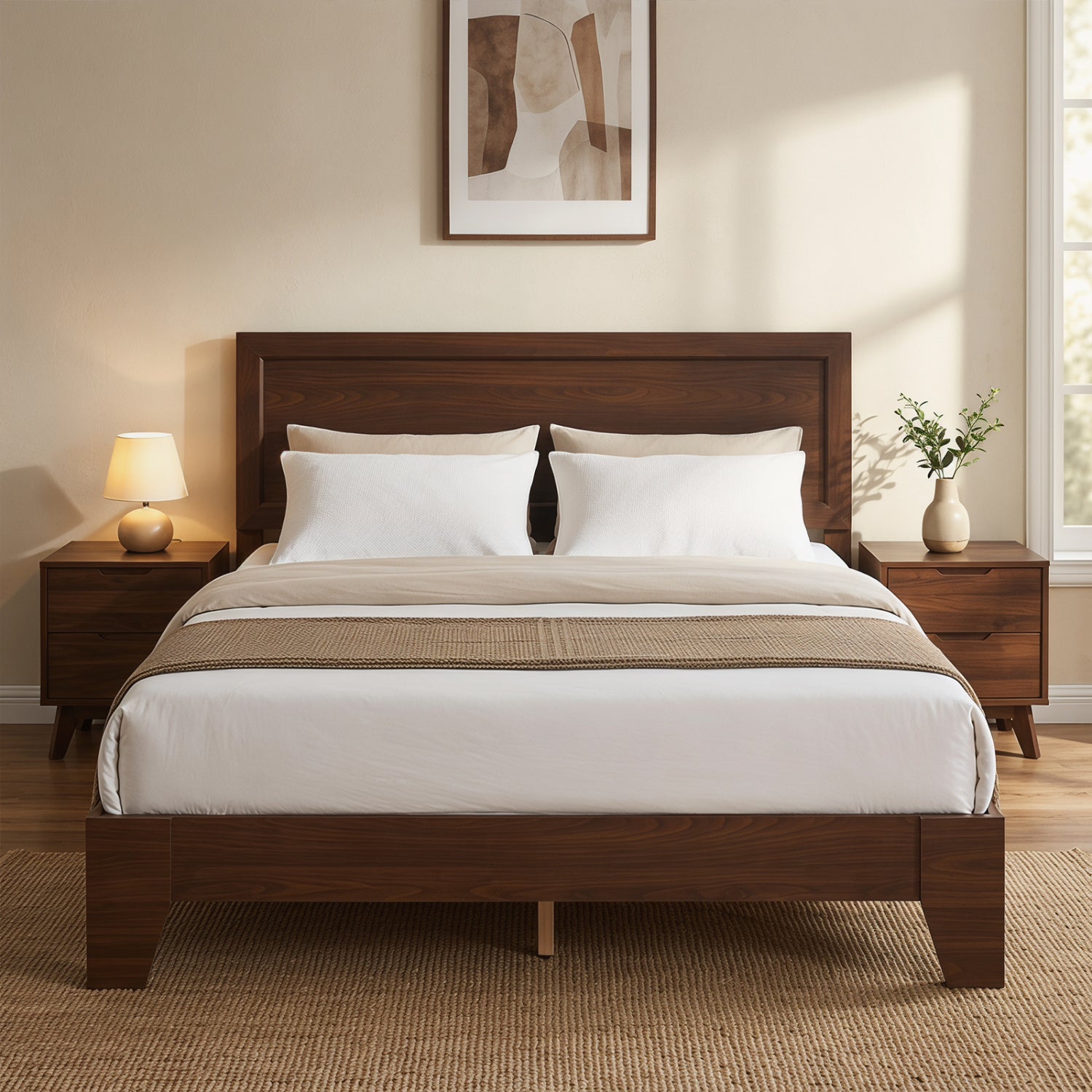 Queen size walnut bed frame with headboard, modern design, sturdy wooden furniture for bedroom sleeping area