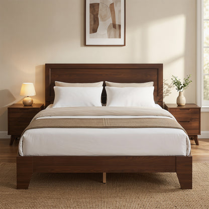 Queen size walnut bed frame with headboard, modern design, sturdy wooden furniture for bedroom sleeping area