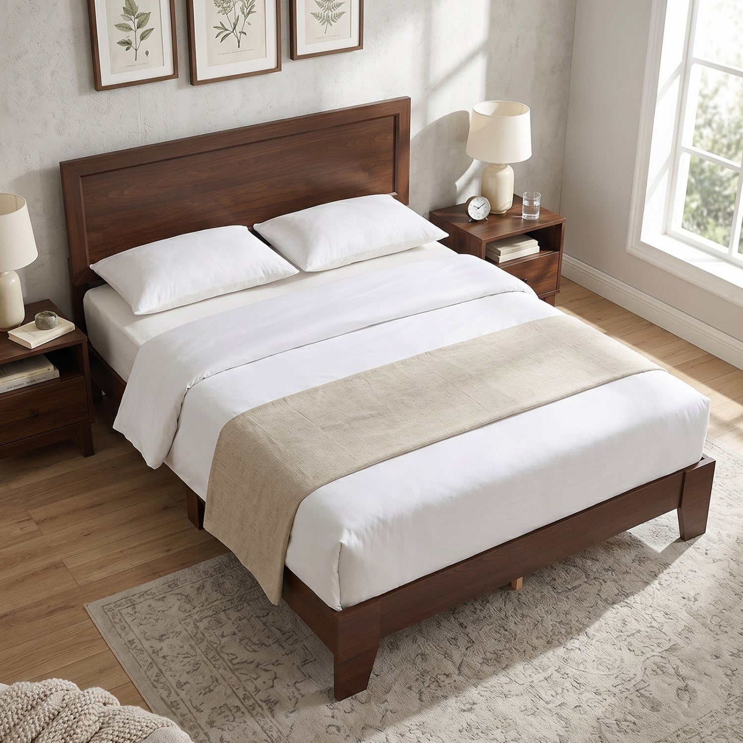 Queen size walnut bed frame with a modern design and headboard, featuring clean lines and sturdy construction.