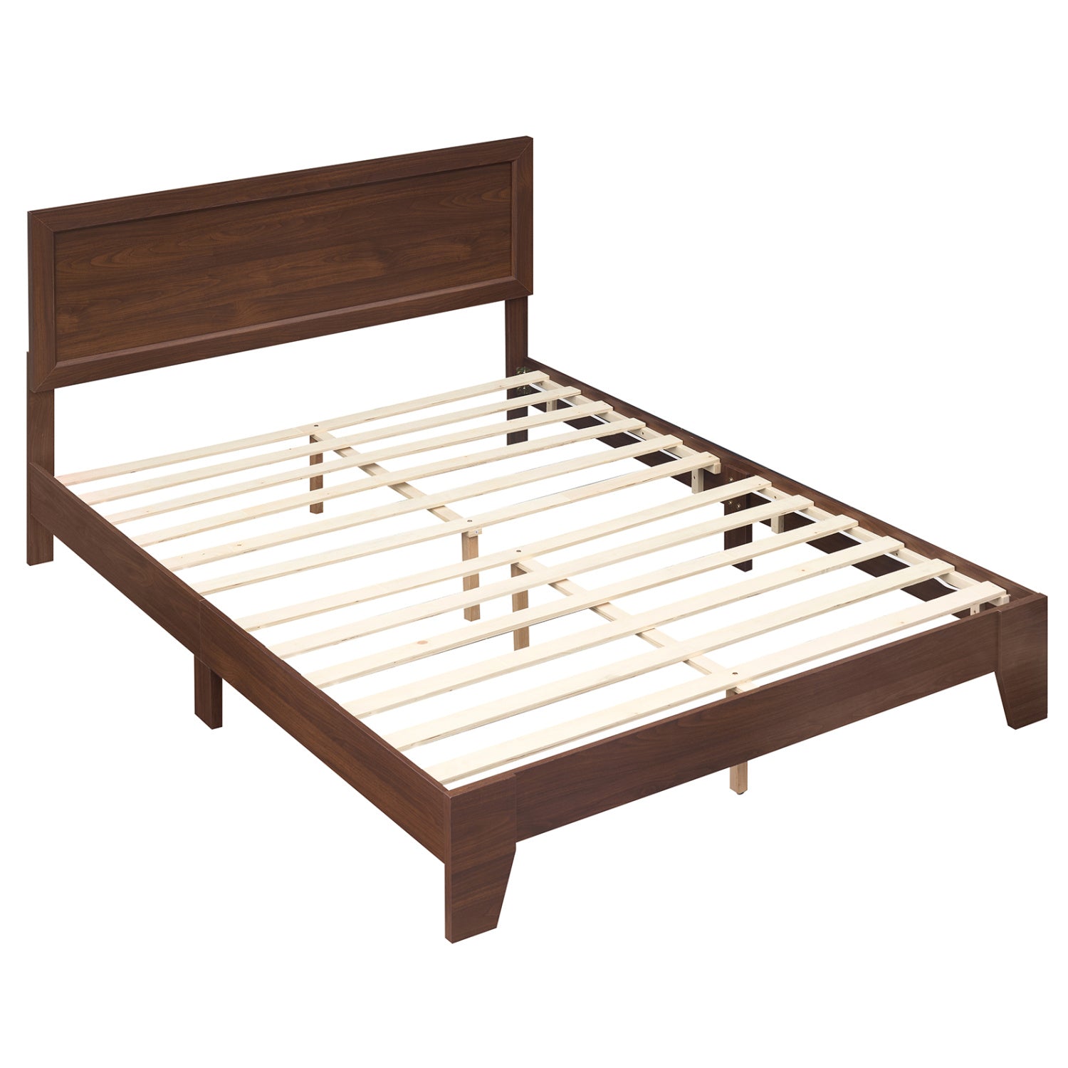 Queen size walnut bed frame with modern design and headboard, crafted by Wilsons Home Store, featuring clean lines and sturdy construction.