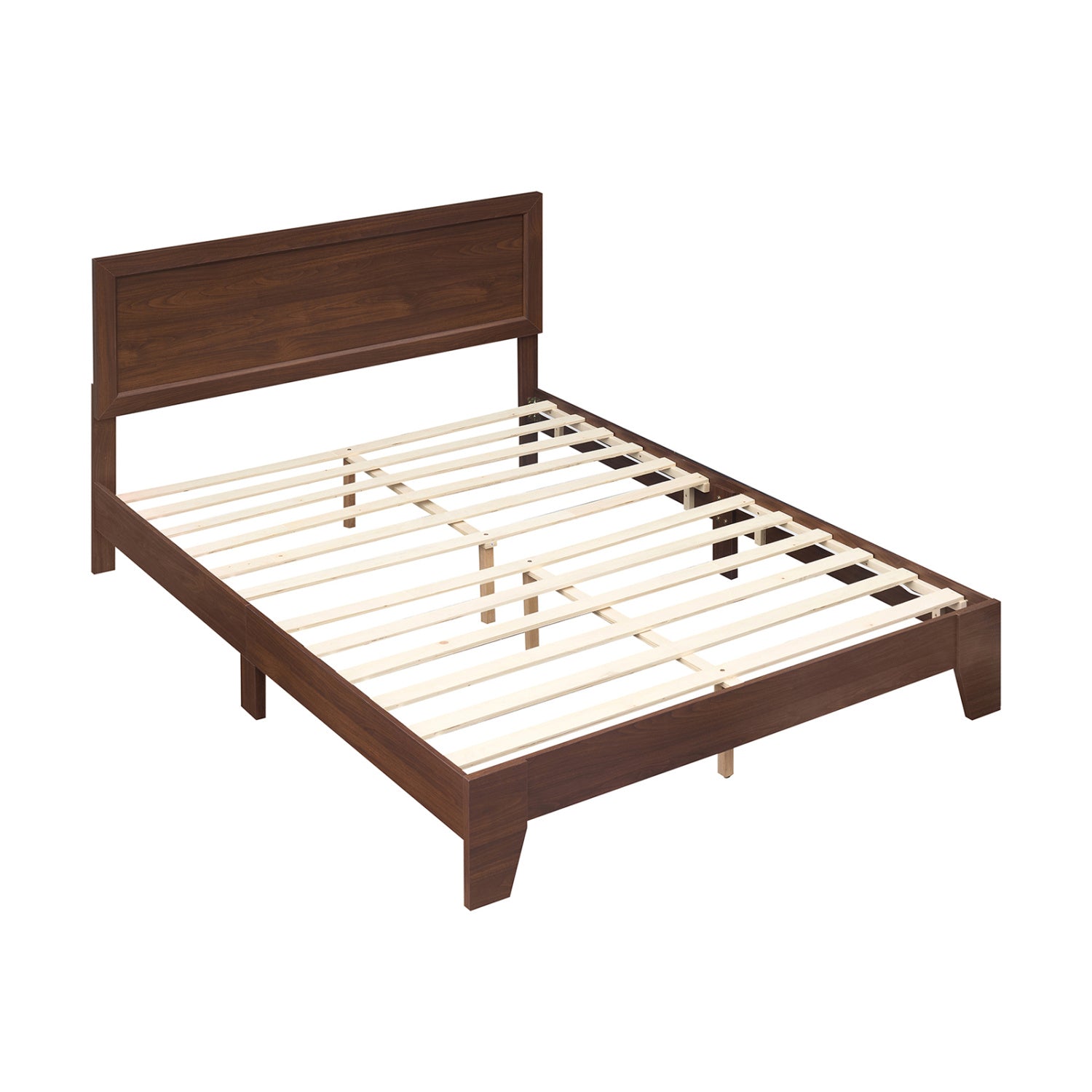 Queen size walnut bed frame with headboard, modern design, sturdy wooden construction, suitable for contemporary bedrooms.