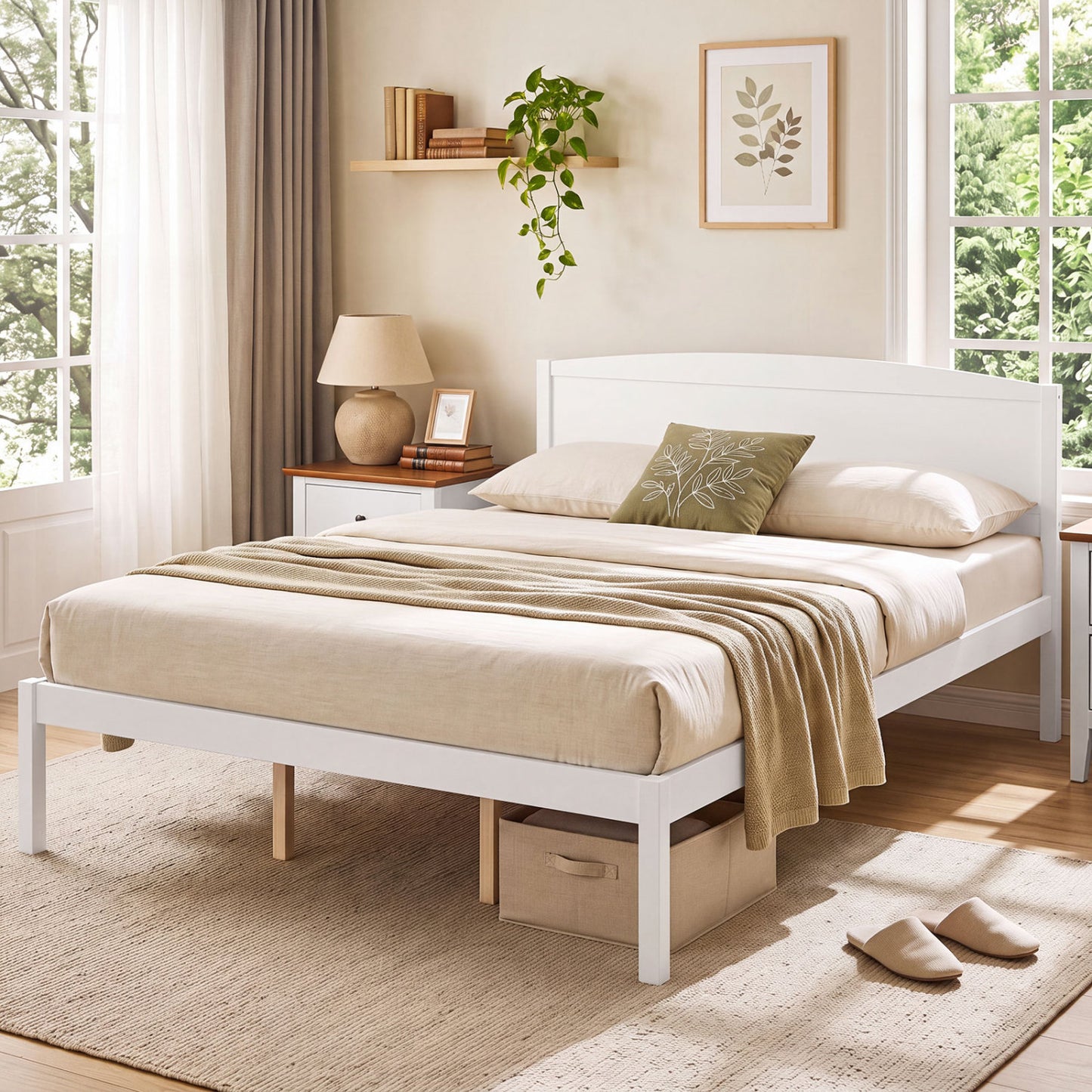 Queen Size Wooden Platform Bed Frame with Curved Headboard-Walnut