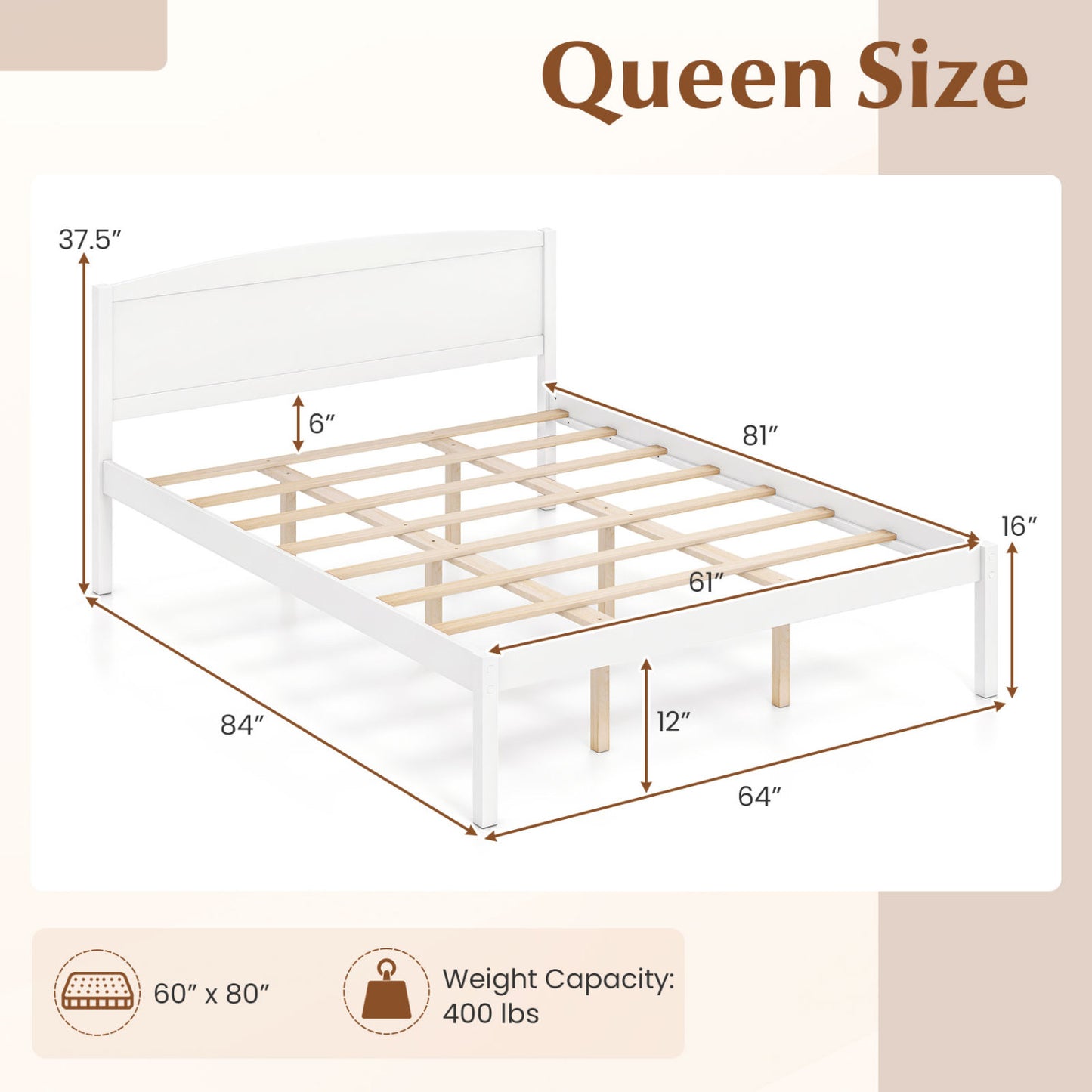 Queen Size Wooden Platform Bed Frame with Curved Headboard-Walnut