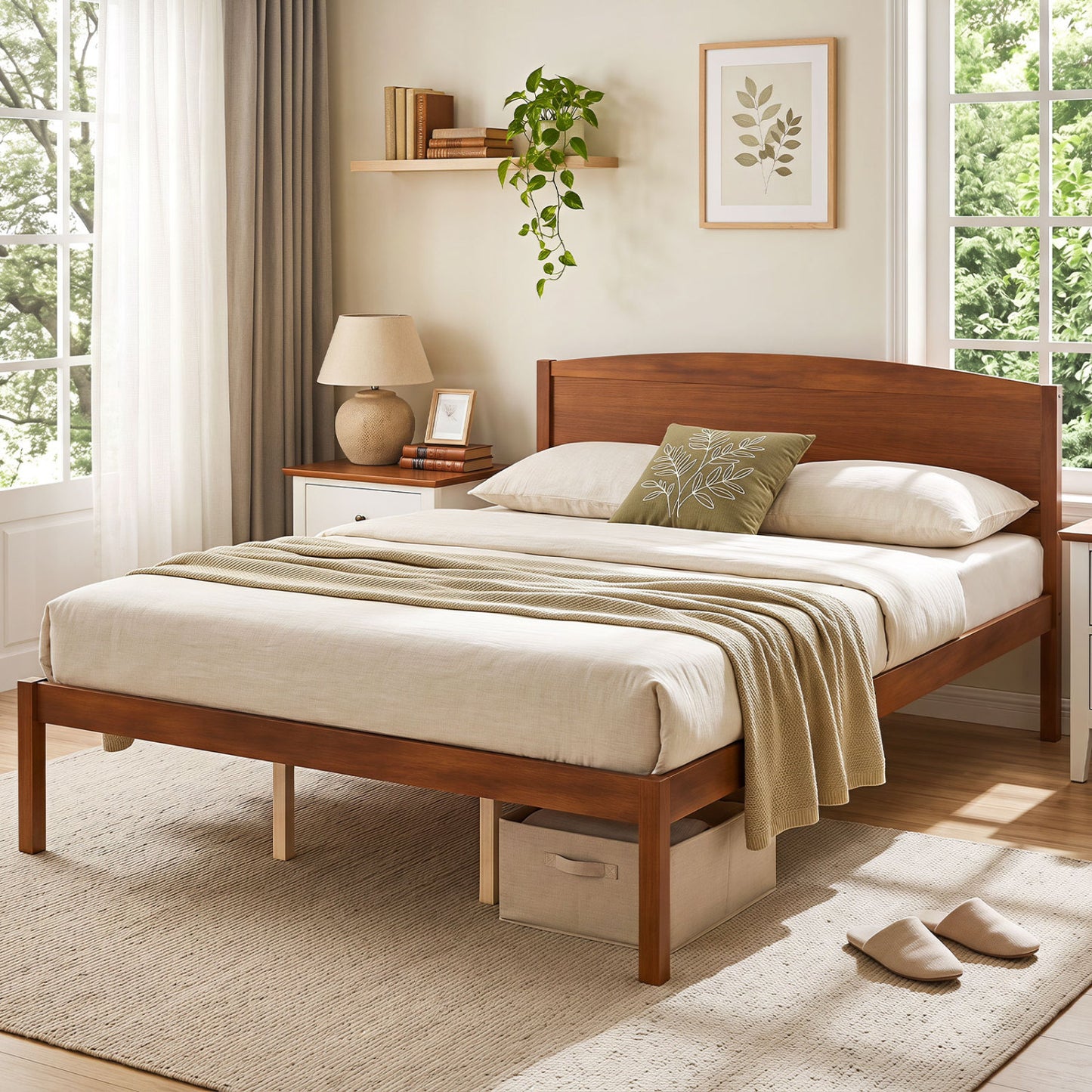 Queen Size Wooden Platform Bed Frame with Curved Headboard-Walnut