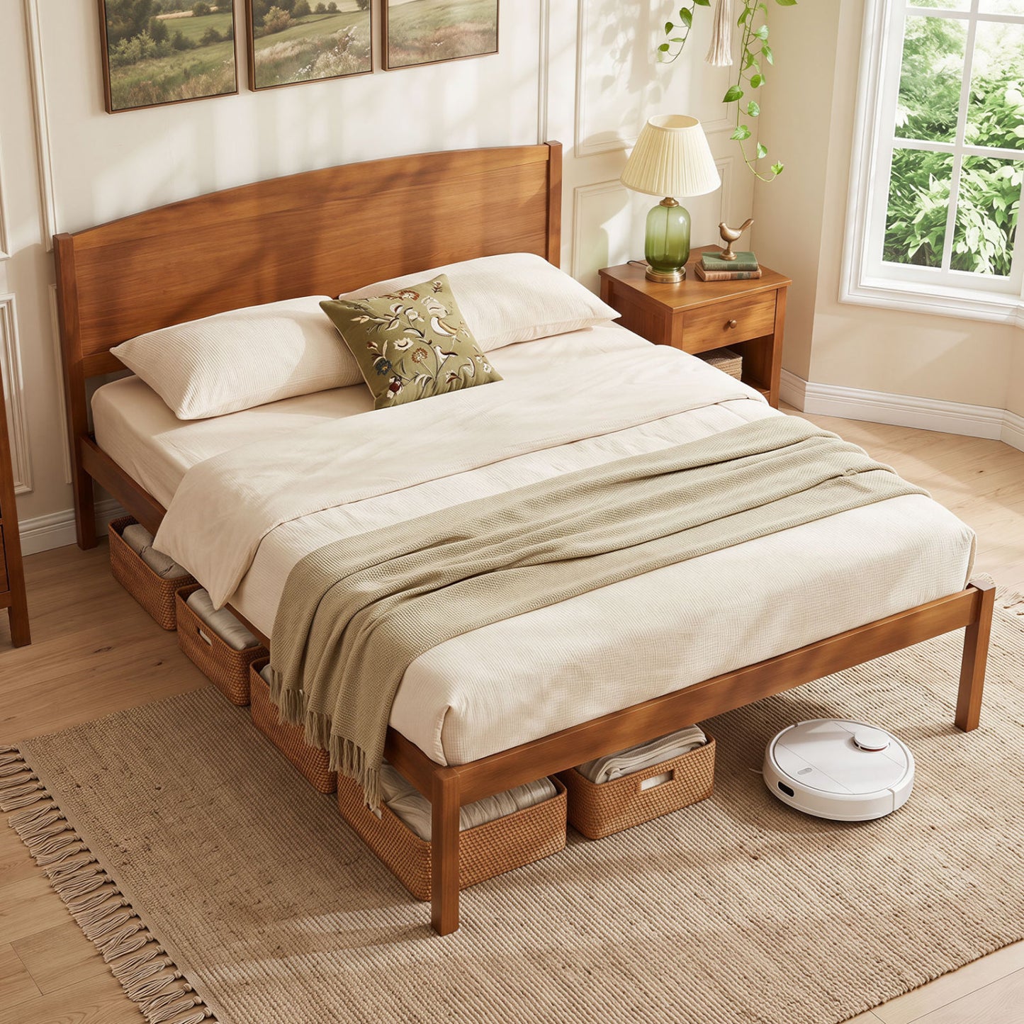 Queen Size Wooden Platform Bed Frame with Curved Headboard-Walnut