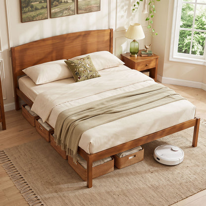 Queen Size Wooden Platform Bed Frame with Curved Headboard-Walnut