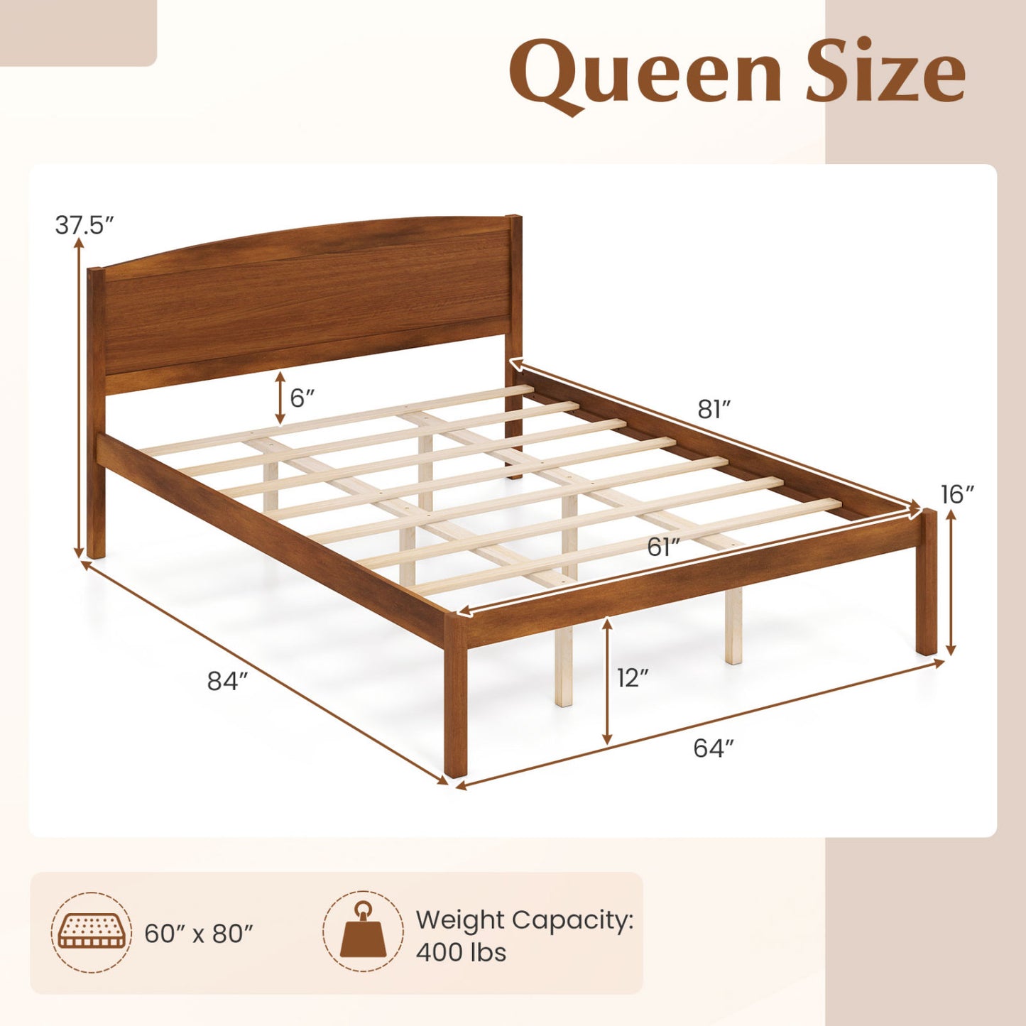 Queen Size Wooden Platform Bed Frame with Curved Headboard-Walnut