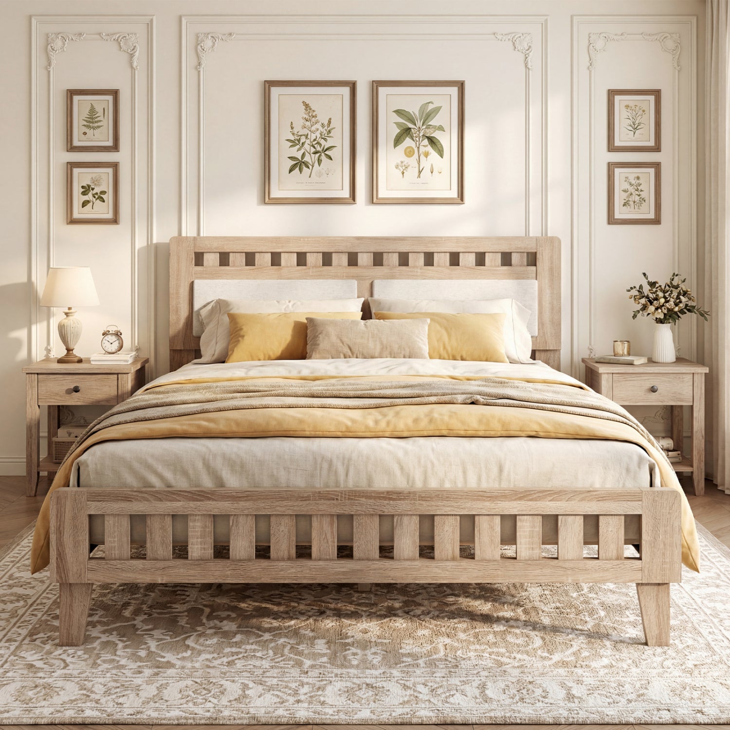 Queen wood bed frame with upholstered headboard in natural finish, simple bedroom furniture from Wilsons Home Store.