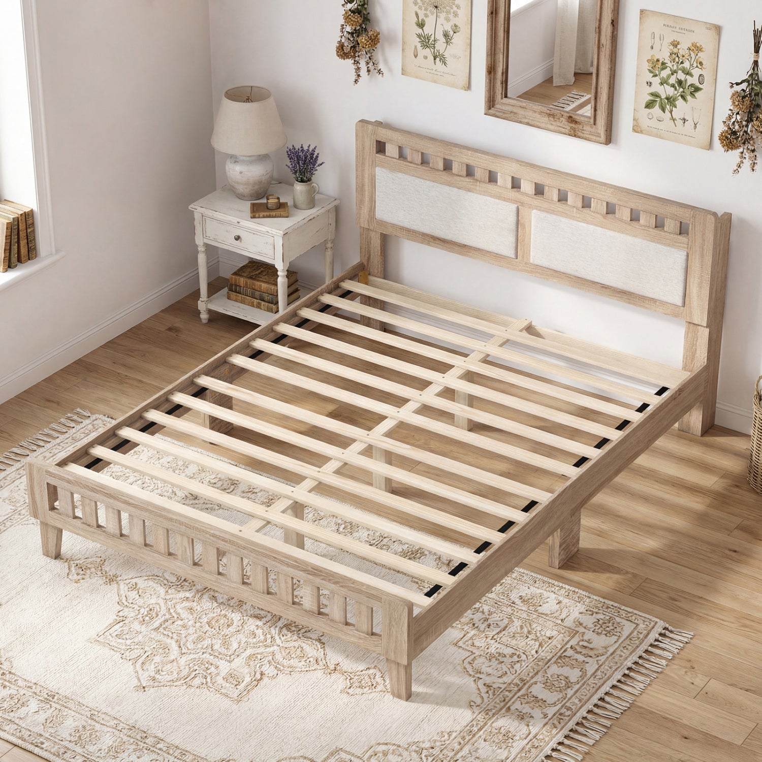 Queen wood bed frame with upholstered headboard in natural finish, showcasing a sleek, modern design for a stylish bedroom.