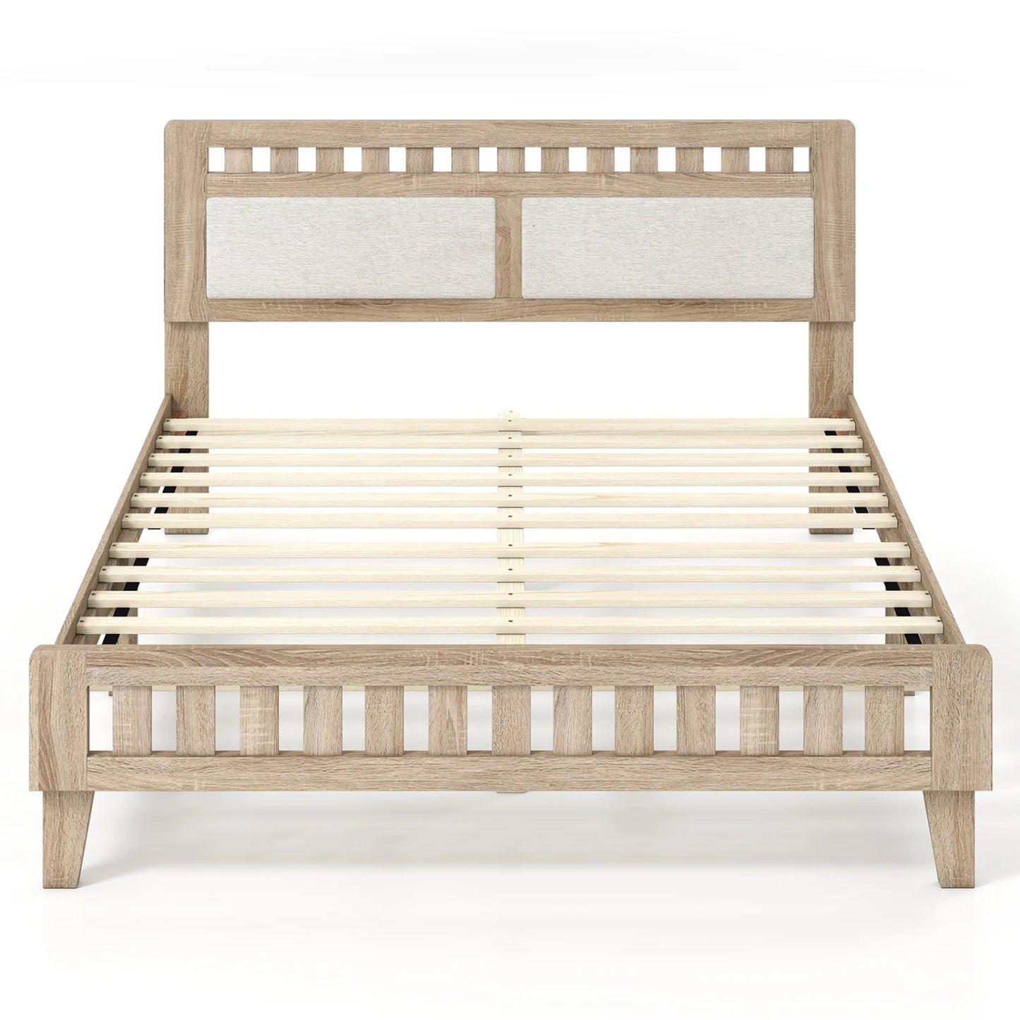 Queen wood bed frame with upholstered headboard in natural finish, featuring a simple design and sturdy construction.