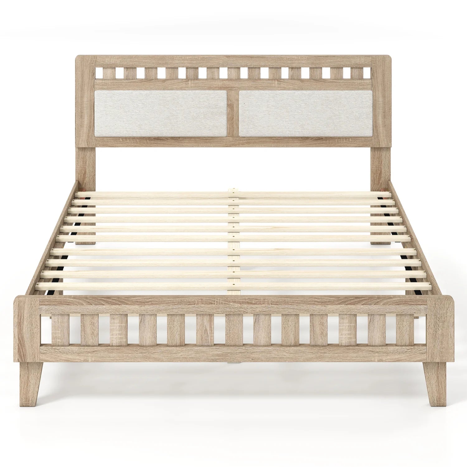 Queen wood bed frame with upholstered headboard in natural finish, featuring a simple design and sturdy construction.