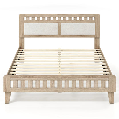 Queen wood bed frame with upholstered headboard in natural finish, featuring a simple design and sturdy construction.