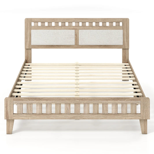 Queen Wood Bed Frame with Upholstered Headboard-Natural