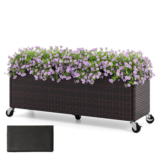 Raised Garden Bed PE Rattan Wicker Patio Planter Box with Wheels and Liner