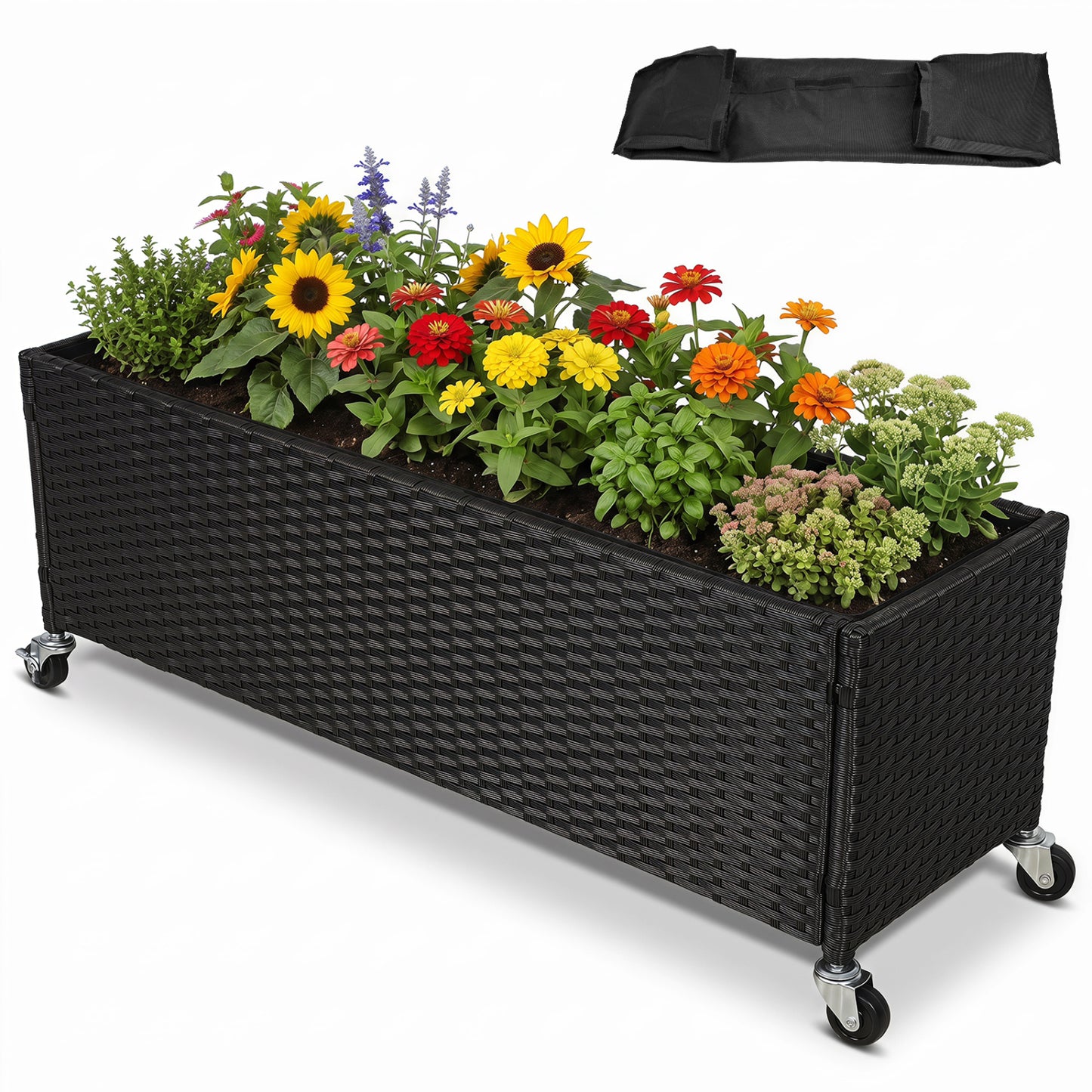 Raised Garden Bed PE Rattan Wicker Patio Planter Box with Liner and Wheels