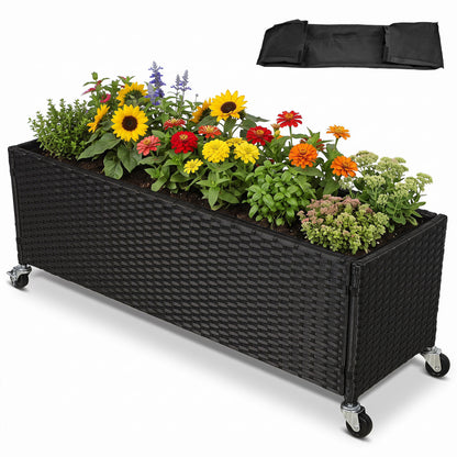 Raised Garden Bed PE Rattan Wicker Patio Planter Box with Liner and Wheels