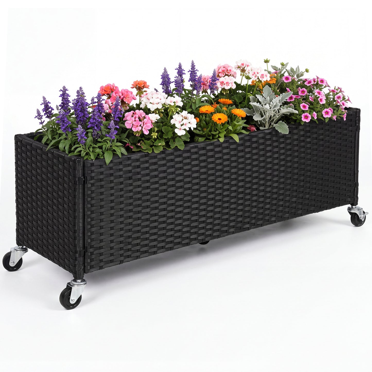 Raised Garden Bed PE Rattan Wicker Patio Planter Box with Liner and Wheels