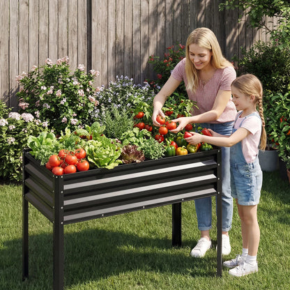 Set of two black raised garden beds with electro-coated metal construction, large elevated planters for outdoor gardening.
