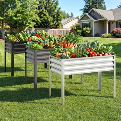 Set of two black raised garden beds made of electro-coated metal, large outdoor elevated planter boxes for gardening.