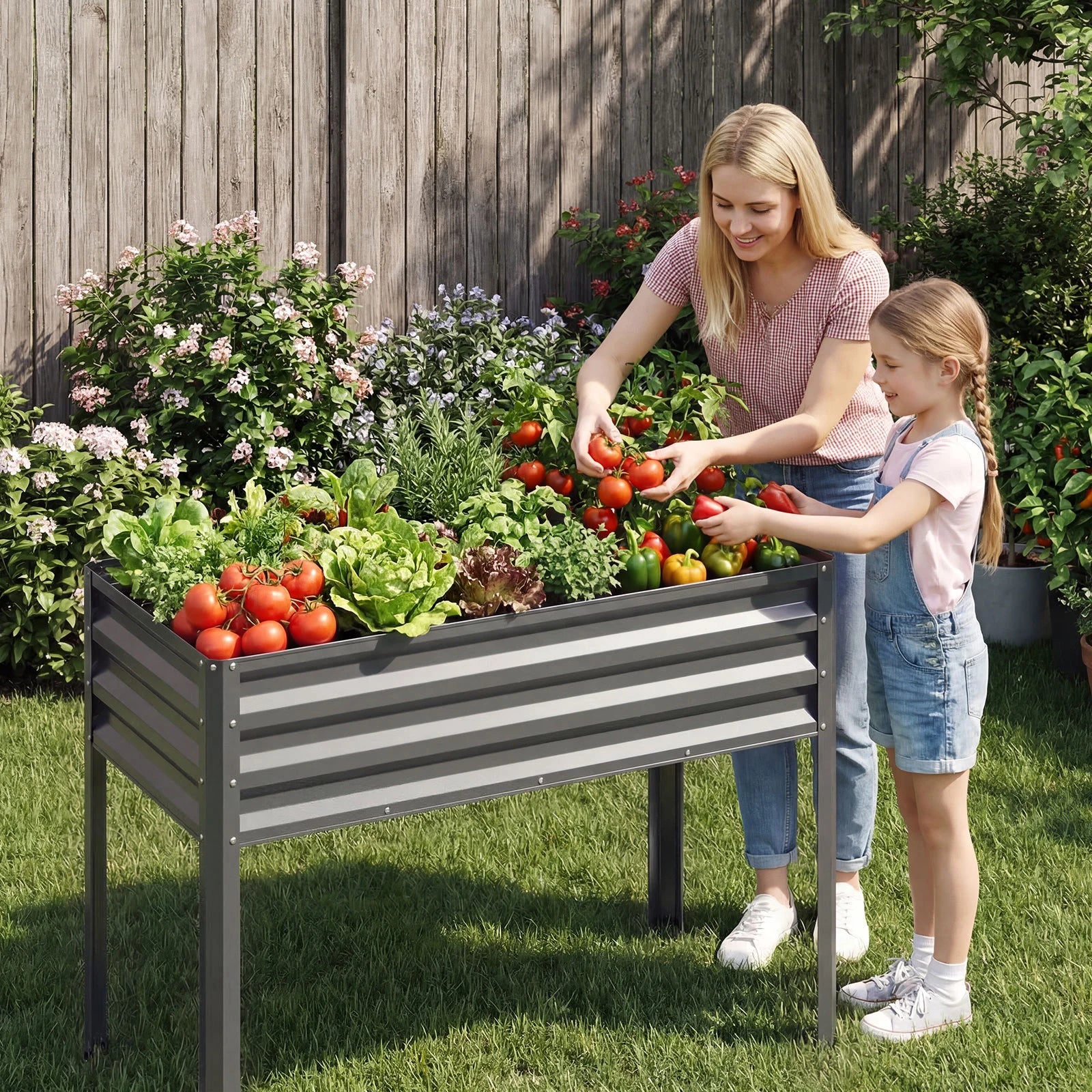 Set of 2 black raised garden beds with electro-coated metal frames, large elevated planters for outdoor gardening.