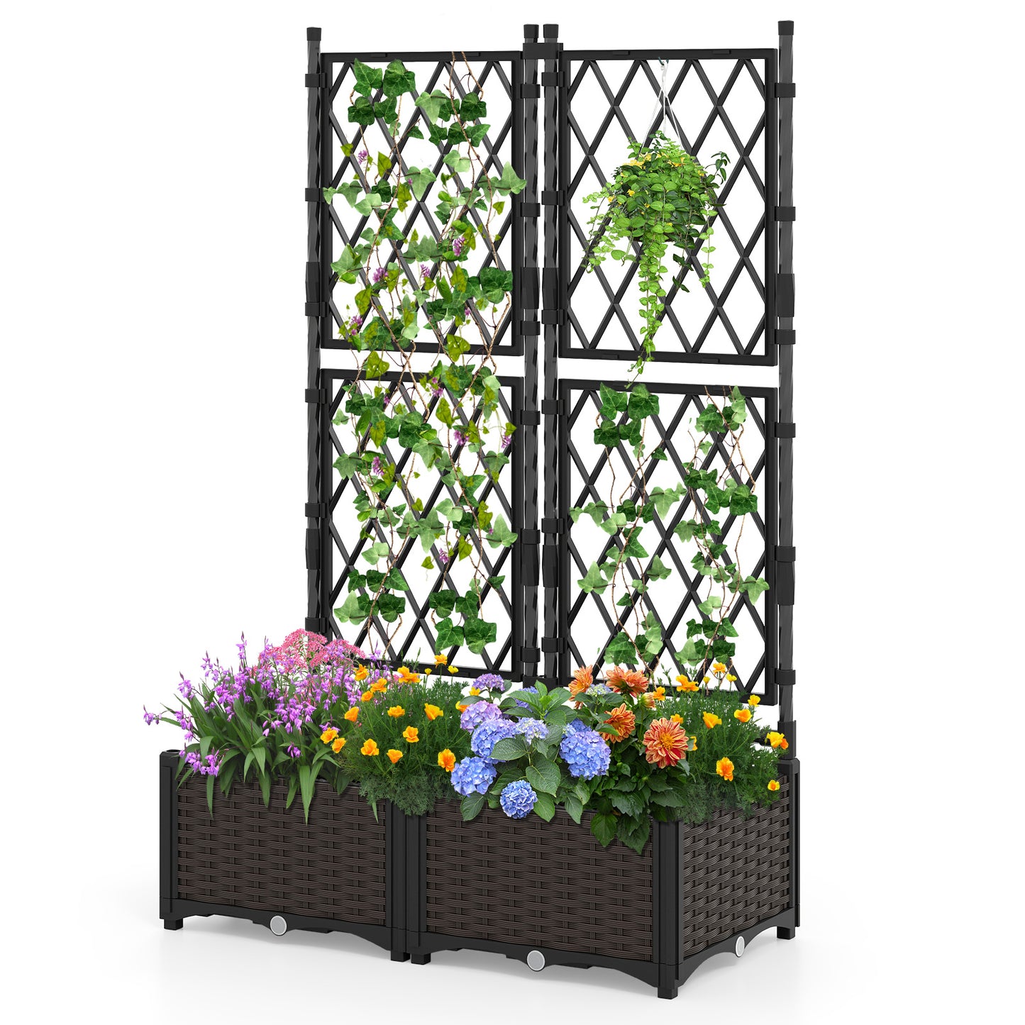 Raised Garden Bed with Lattice Trellis  Drainage Self-Watering Elevated Vertical Planter Boxes-Black