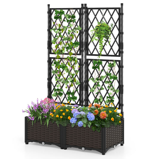 Raised Garden Bed with Lattice Trellis  Drainage Self-Watering Elevated Vertical Planter Boxes-Black