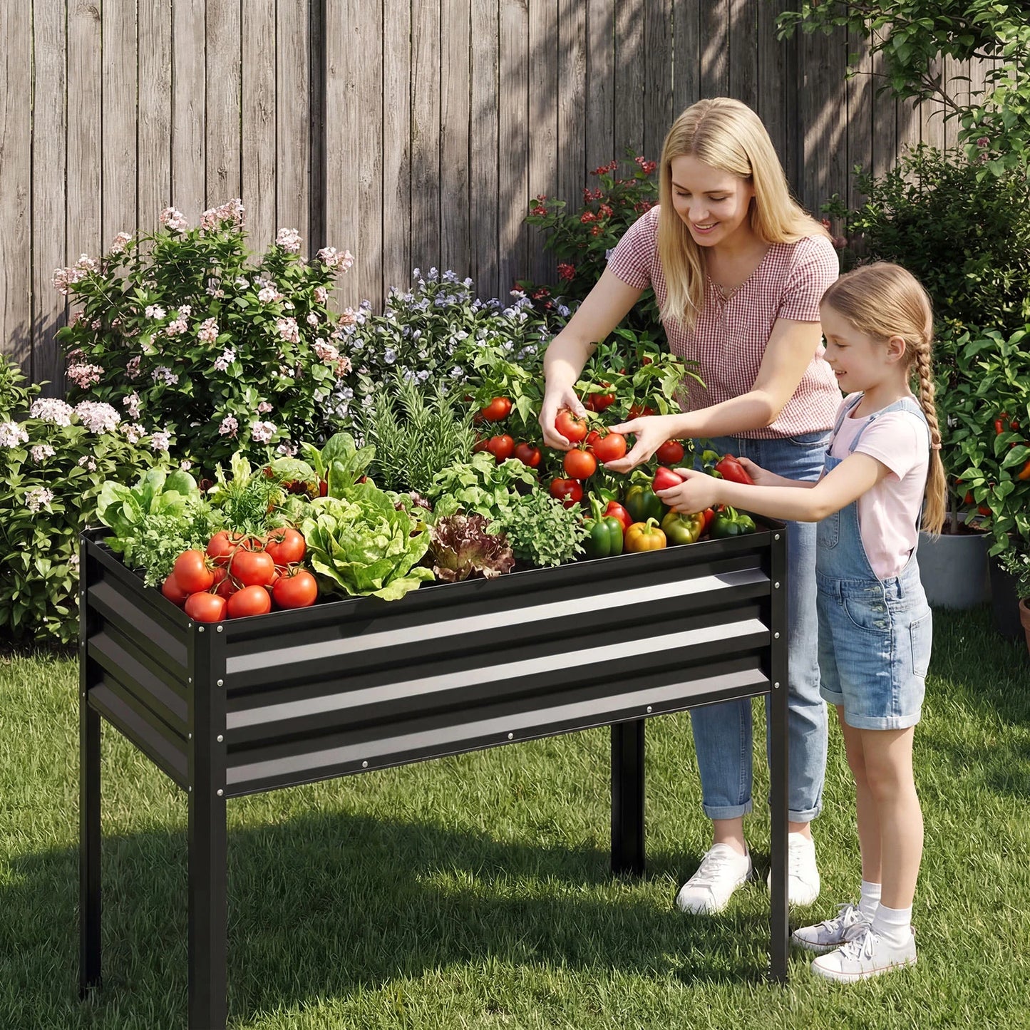 Large black metal raised garden bed with legs, electro-coated for outdoor gardening, ideal for elevated planting.