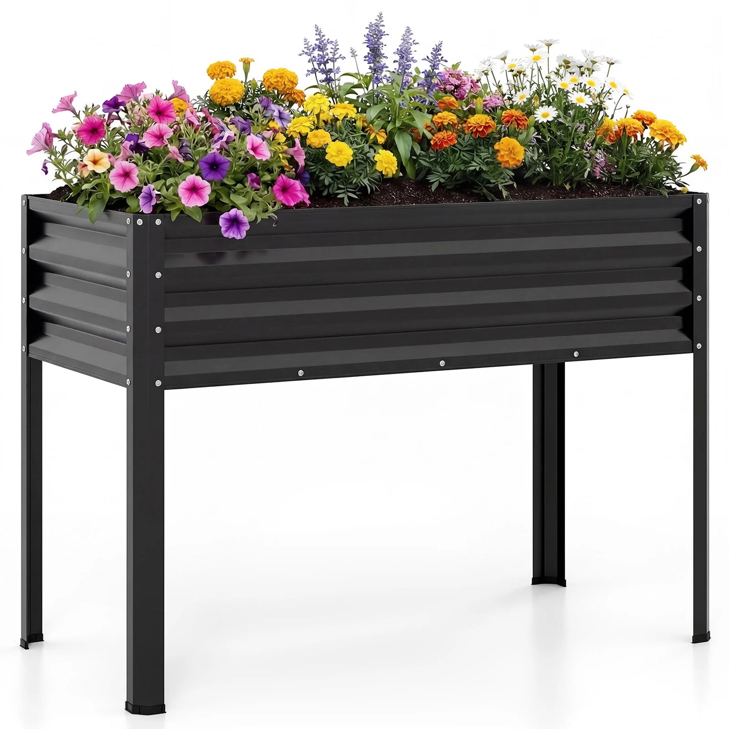 Large black raised garden bed with metal legs and electro-coating, ideal for outdoor elevated planting in gardens.