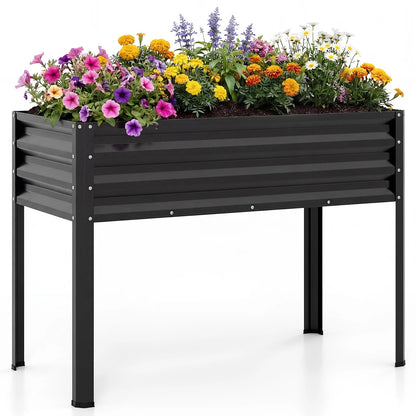 Large black raised garden bed with metal legs and electro-coating, ideal for outdoor elevated planting in gardens.