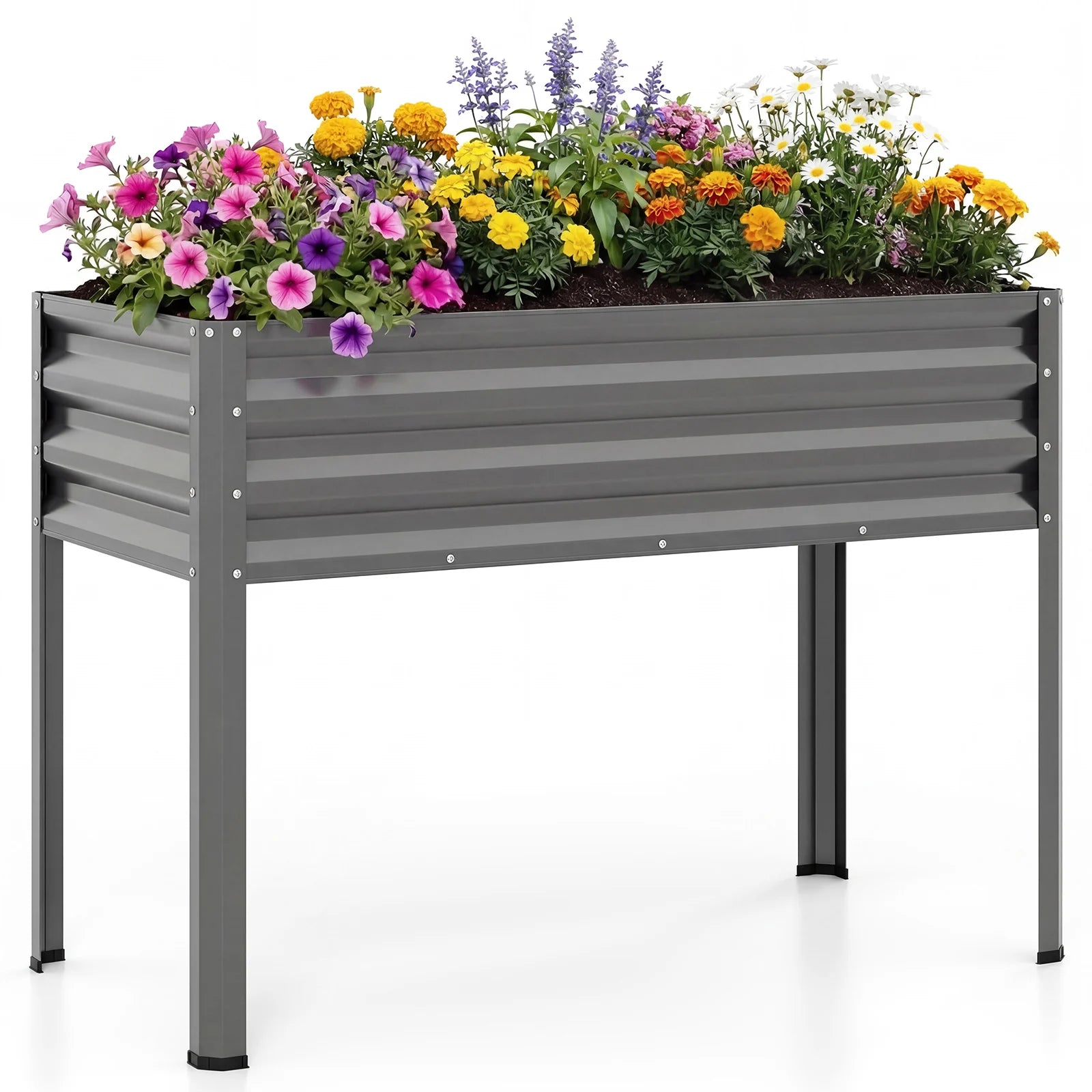 Large black metal raised garden bed with legs, electro-coated for outdoor use, ideal for elevated planting and gardening.