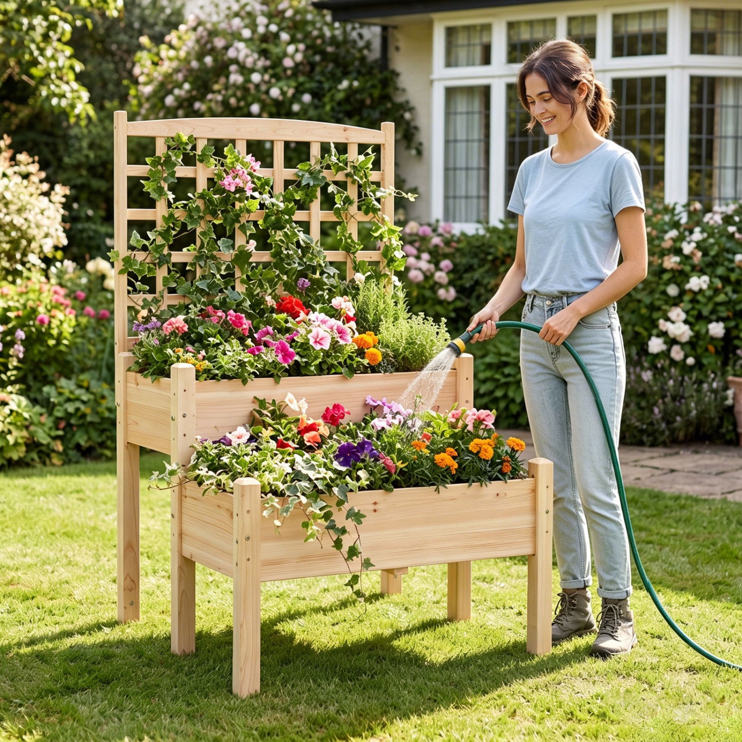 Natural wooden raised garden bed with a built-in trellis for climbing plants, designed for outdoor gardening.