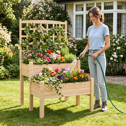 Natural wooden raised garden bed with a built-in trellis for climbing plants, designed for outdoor gardening.