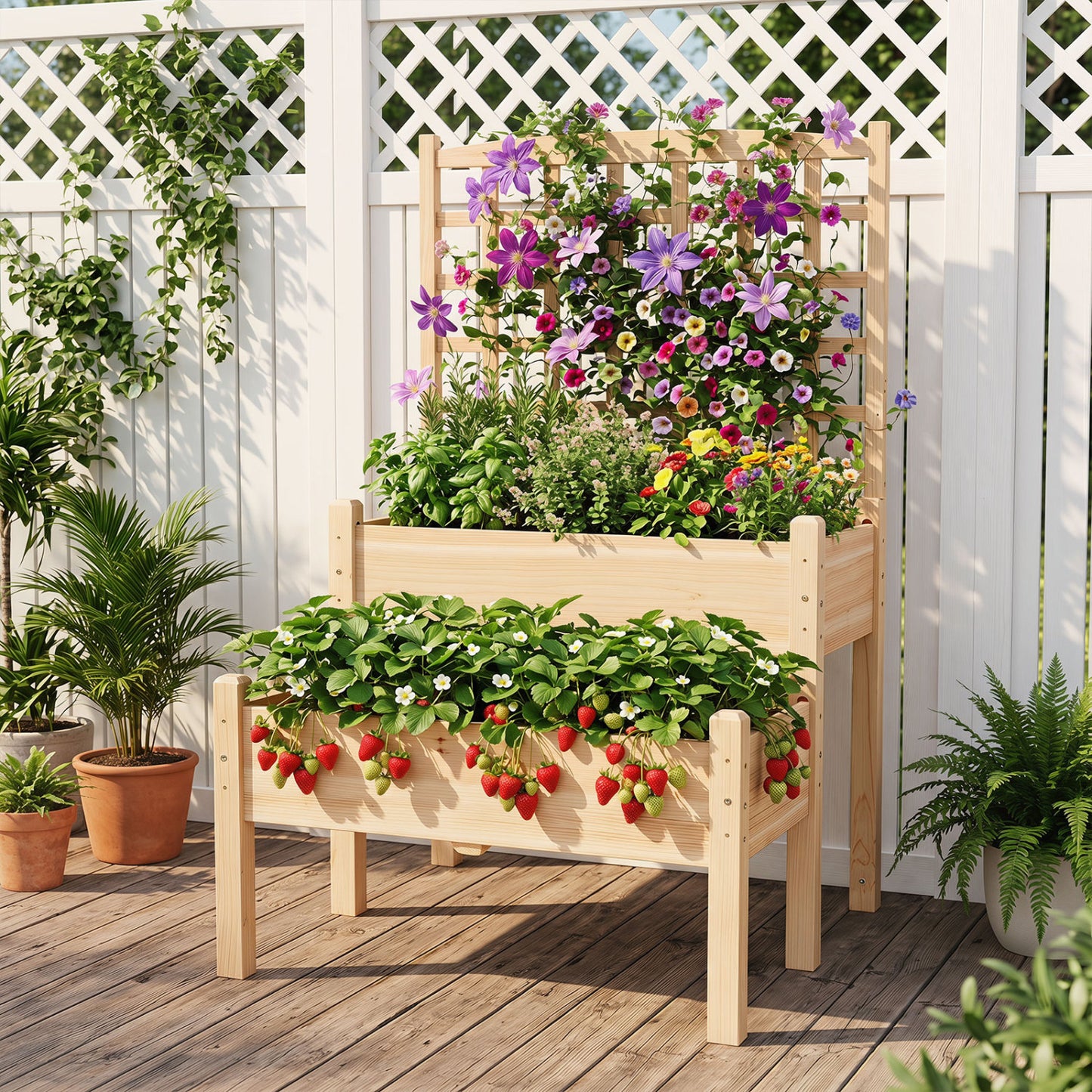 Two-tier natural raised garden bed with trellis for outdoor climbing plants, designed for easy planting and garden growth.