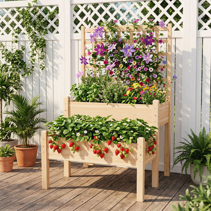 Two-tier natural raised garden bed with trellis for outdoor climbing plants, designed for easy planting and garden growth.