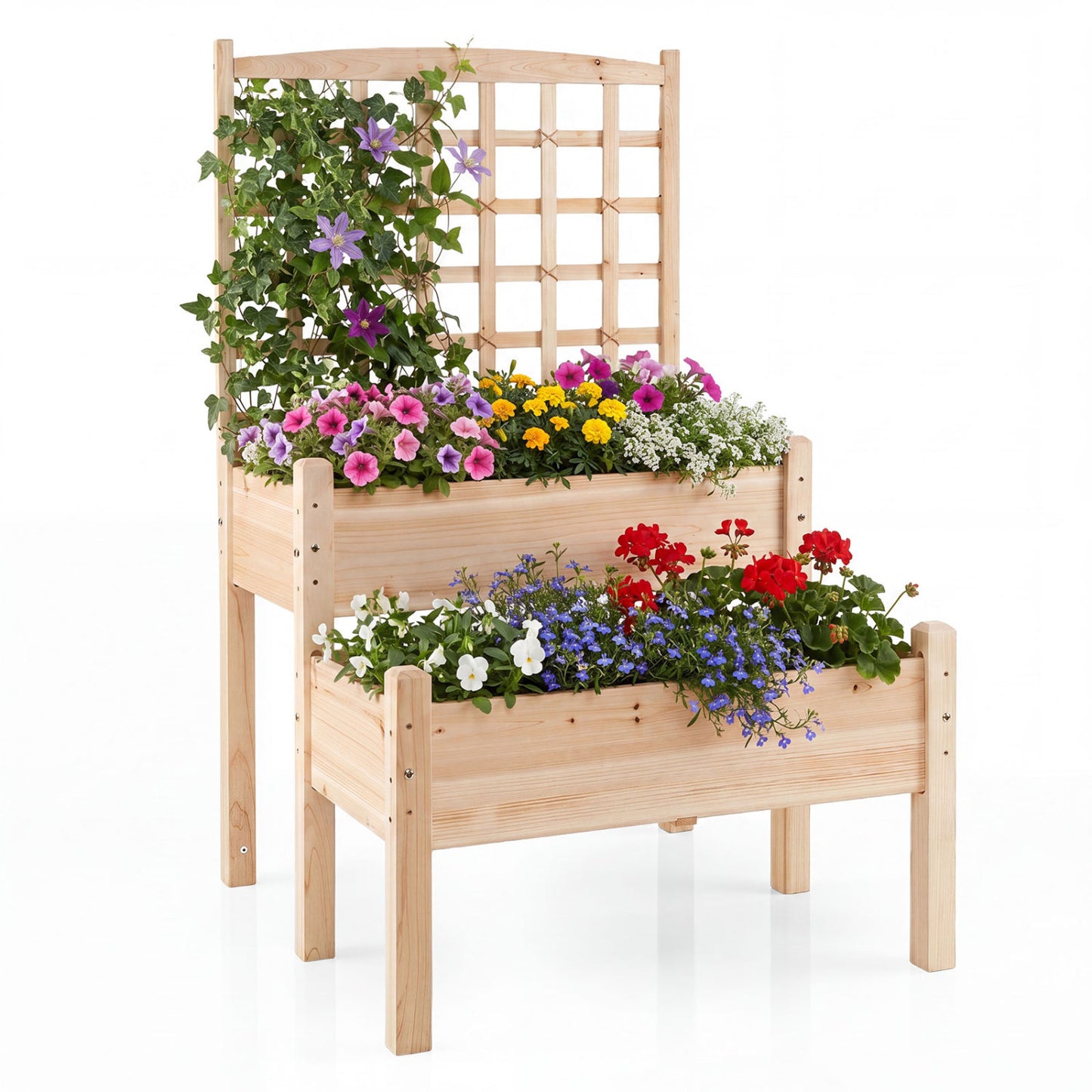 Natural raised garden bed with trellis for climbing plants, two-tier outdoor garden bed in wood finish, ideal for vegetable and flower gardens.