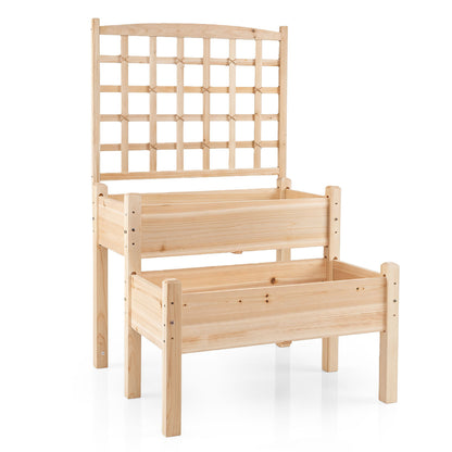 Natural wooden raised garden bed with built-in trellis for climbing plants, ideal for outdoor gardening.