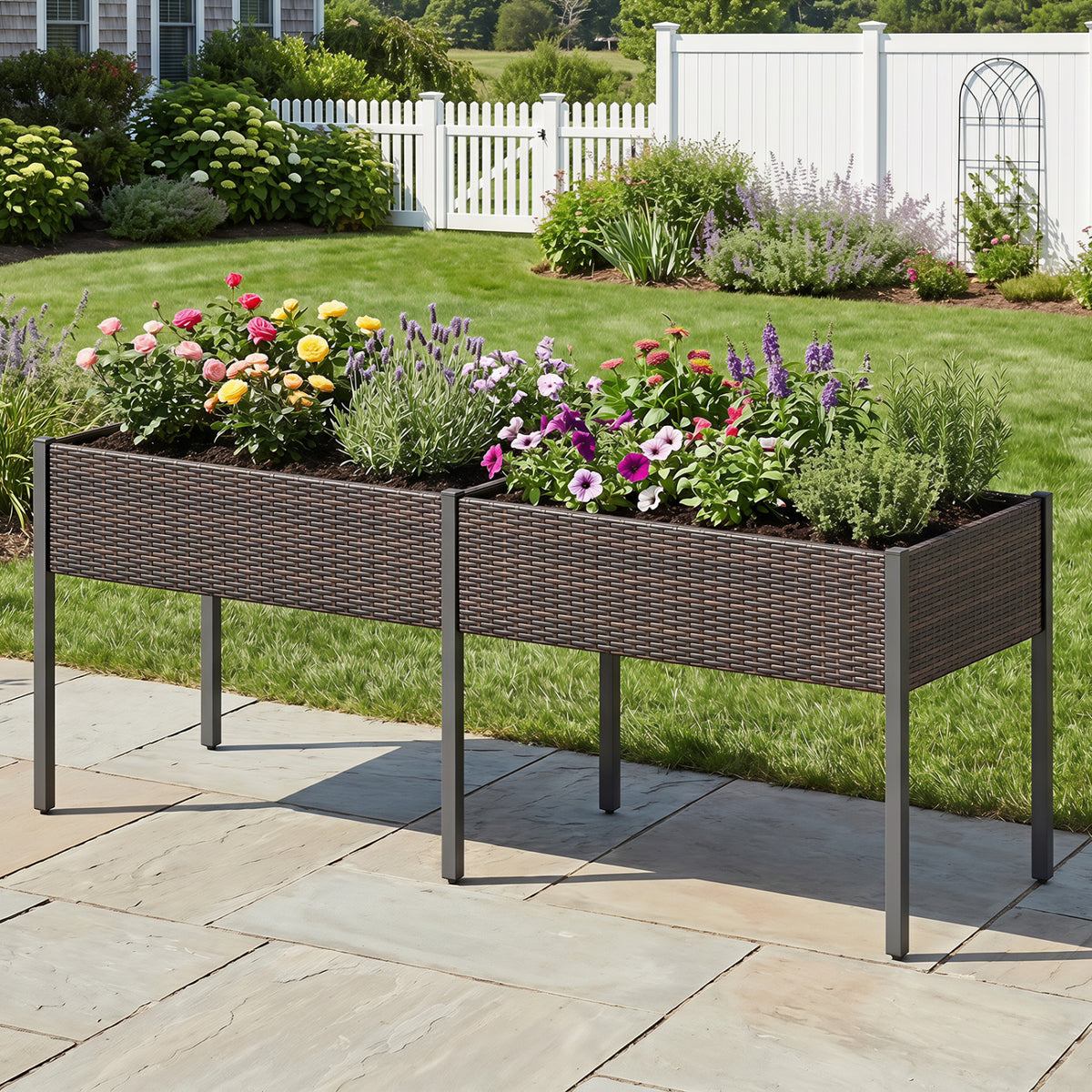 Brown raised garden bed with legs and removable liner for vegetables and herbs, ideal for outdoor patio gardening.