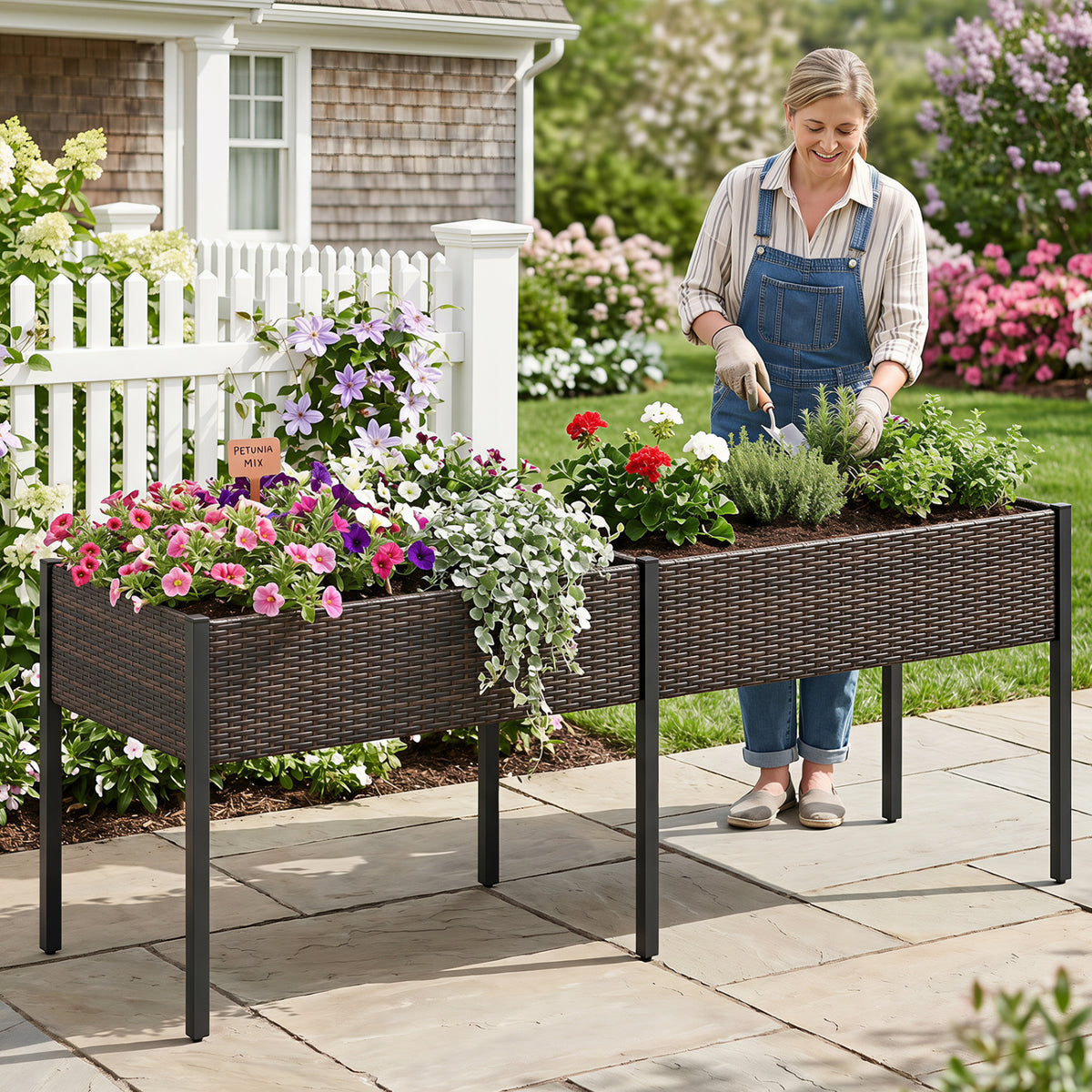 Brown raised garden bed with legs and removable liner for vegetables and herbs, ideal for patio gardening.