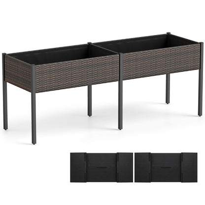 Brown raised garden bed with legs and removable liner for vegetables and herbs, ideal for outdoor patio gardening.