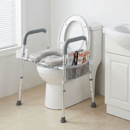 Raised Toilet Seat with Handles and Padded Arms for Seniors-Silver